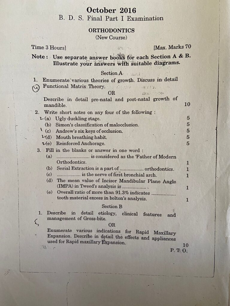 BDS Exam Question Paper For Final Year Students
Orthodontics