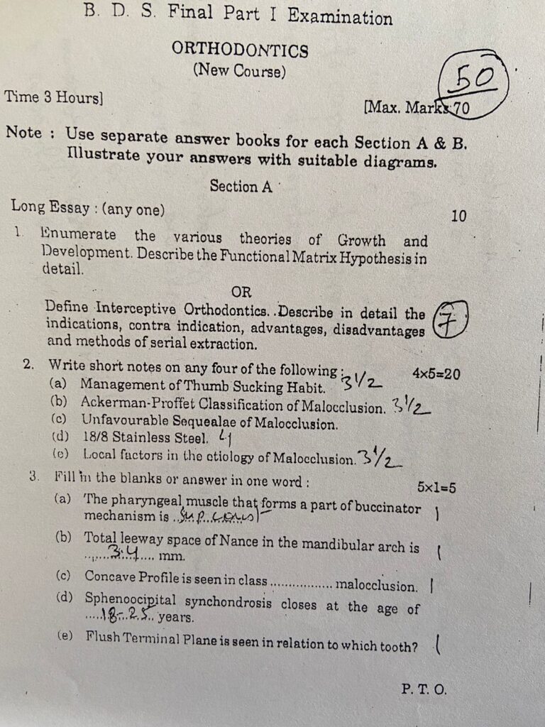 BDS Exam Question Paper For Final Year Students
Orthodontics